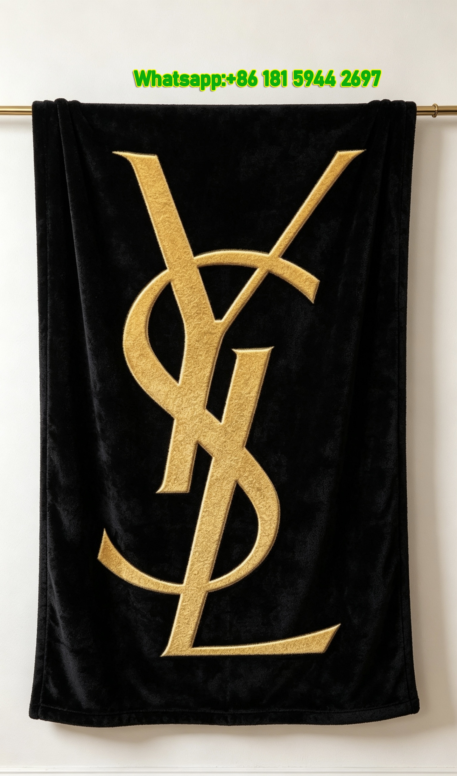Yves Saint Laurent YSL Black and Gold Logo Printed Fleece Throw Blanket IMG_3197
